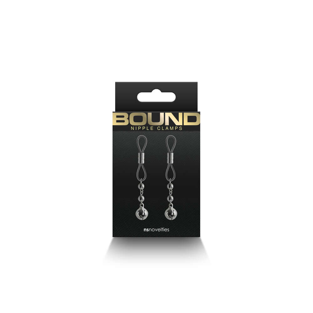 Bound Nipple Clamps D1 Gunmetal packaging featuring adjustable clamps with soft tips for comfort and durability.