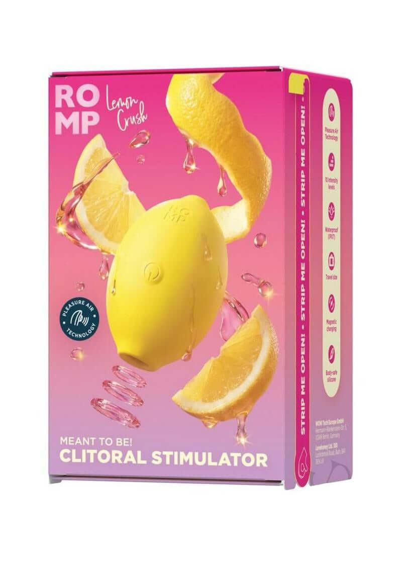 Romp Lemon Crush Clitoral Pleasure Air Stimulator in playful lemon design packaging.