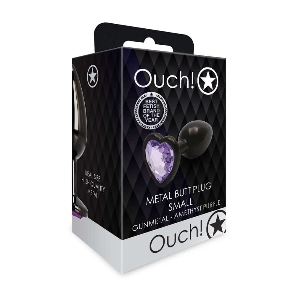Ouch Heart Gem Butt Plug Small Gunmetal Amethyst packaging showcasing heart gem design and quality features.