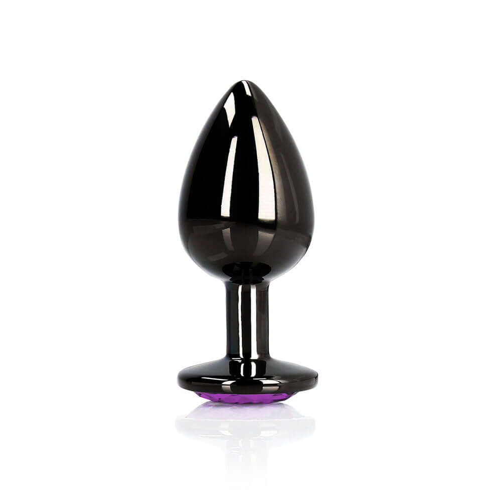 Ouch Heart Gem Butt Plug Small Gunmetal Amethyst featuring a sleek design with amethyst-colored heart gem base.