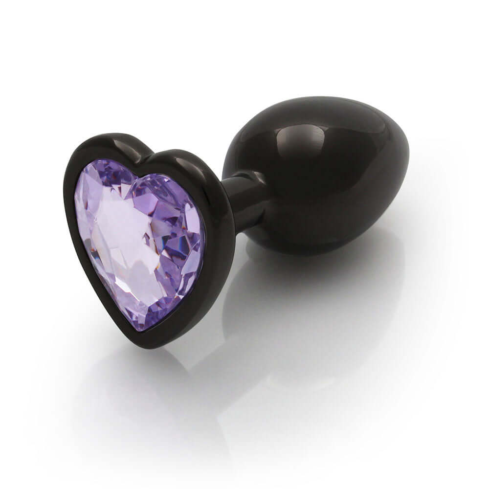 Ouch Heart Gem Butt Plug Small Gunmetal Amethyst with amethyst heart gem base and smooth black finish.