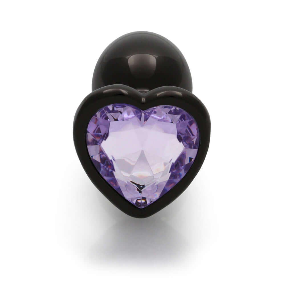 Ouch Heart Gem Butt Plug Small Gunmetal Amethyst with a purple heart gem base and smooth black finish.