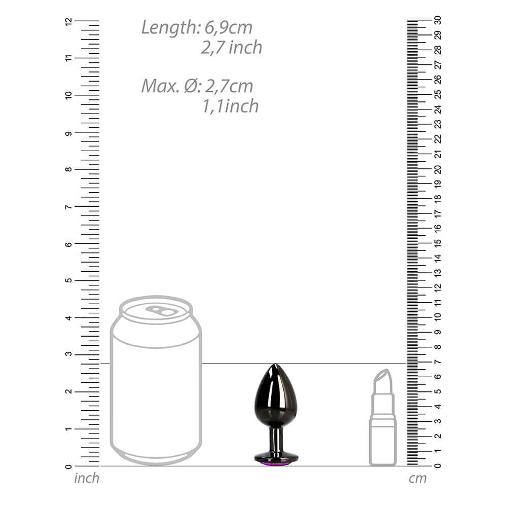 Ouch Heart Gem Butt Plug Small Gunmetal Amethyst size comparison with ruler and items for scale.