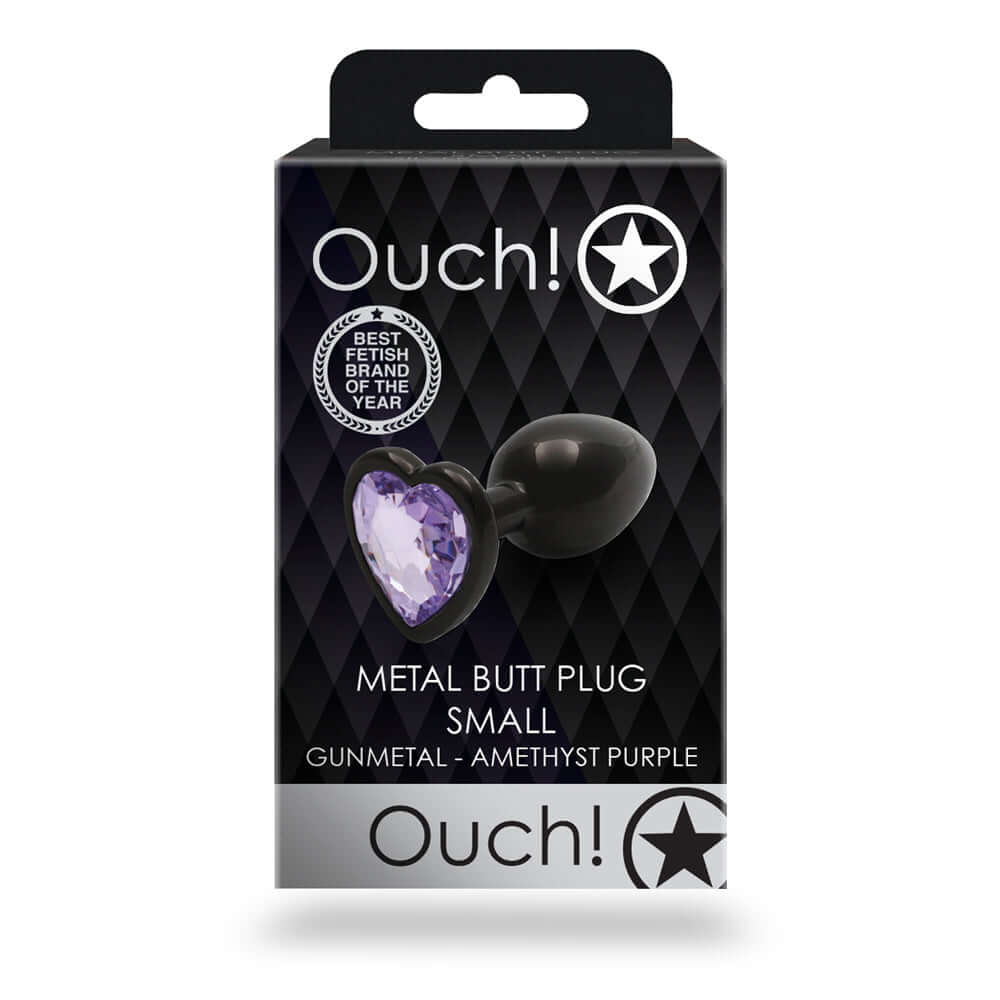 Ouch Heart Gem Butt Plug Small Gunmetal Amethyst in elegant packaging with heart gem design.