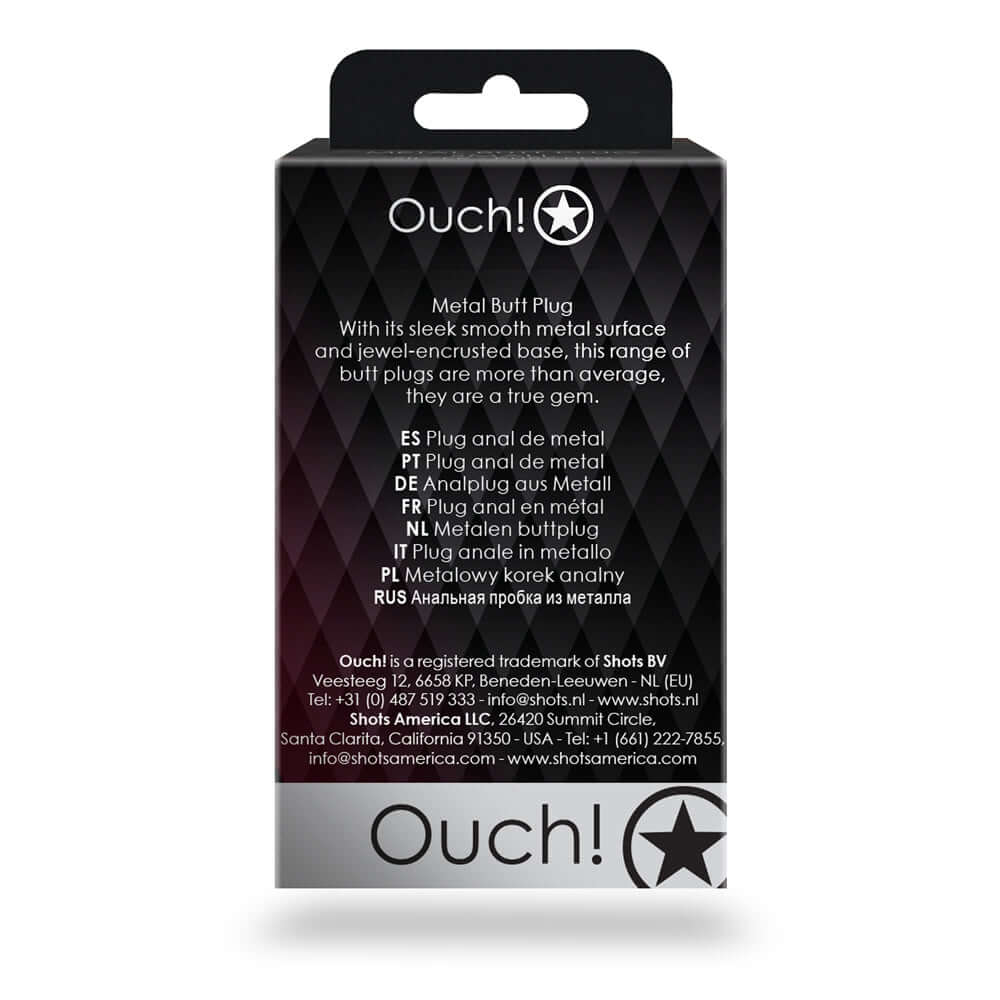 Ouch Heart Gem Butt Plug Small Gunmetal Amethyst packaging showing multiple languages and product information.