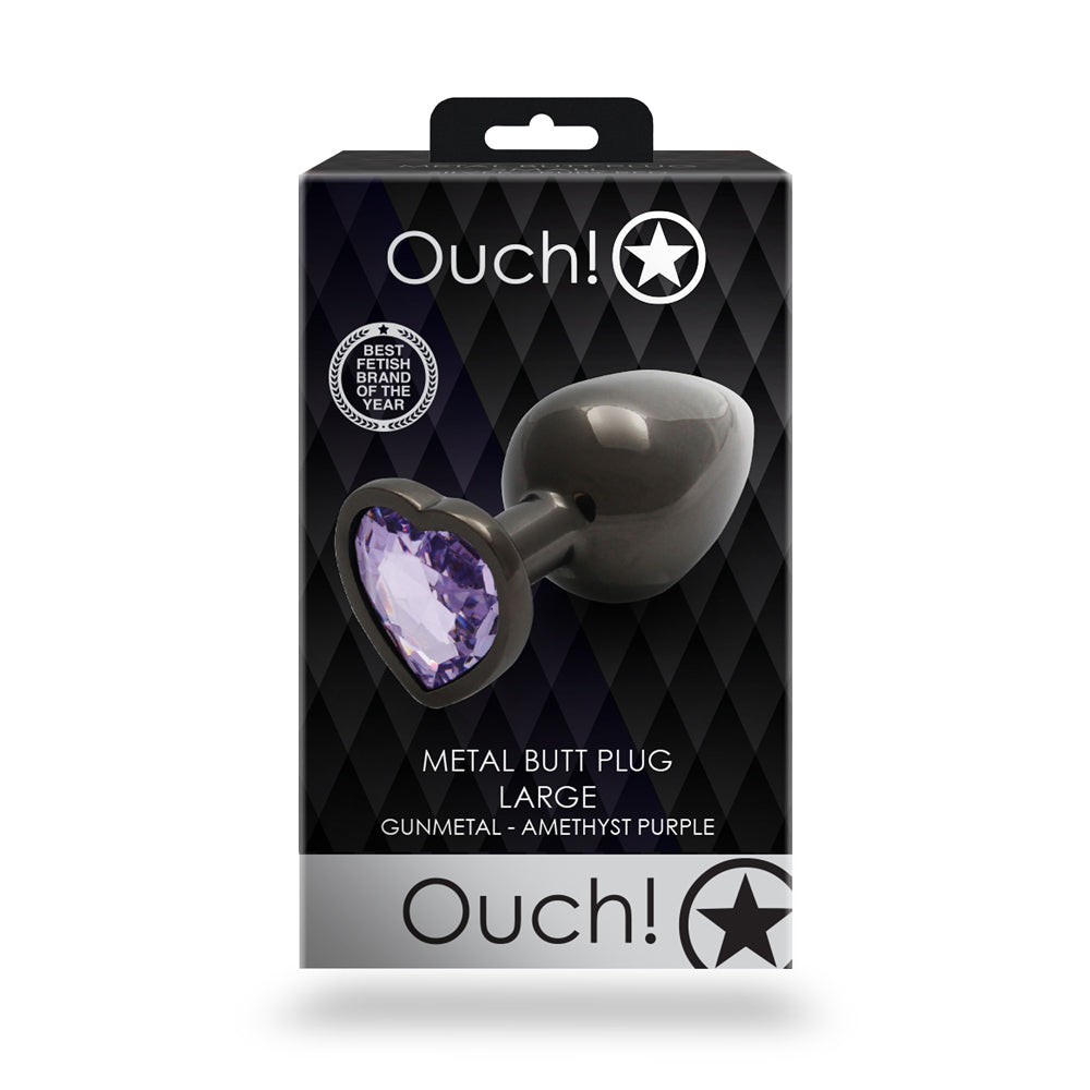 Ouch! Heart Gem Butt Plug Large Gunmetal/Amethyst