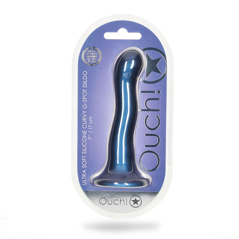 Ouch! Ultra Soft Silicone 7 inches Curvy G-Spot Dildo Metallic Blue