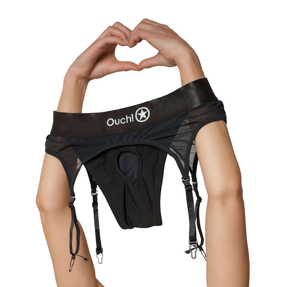 Ouch! Vibrating Strap-on Thong with Adjustable Garters Black M/L