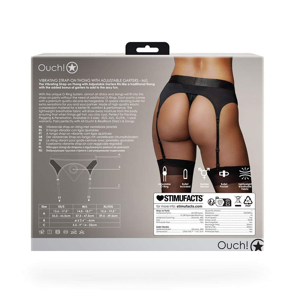 Ouch! Vibrating Strap-on Thong with Adjustable Garters Black M/L