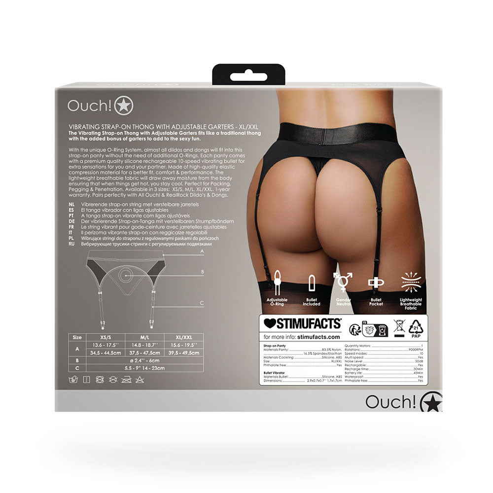 Ouch! Vibrating Strap-on Thong with Adjustable Garters Black XL/2XL