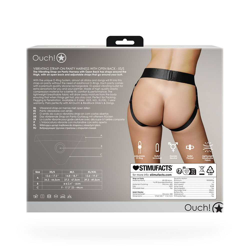 Ouch! Vibrating Strap-on Panty Harness with Open Back Black XS/S