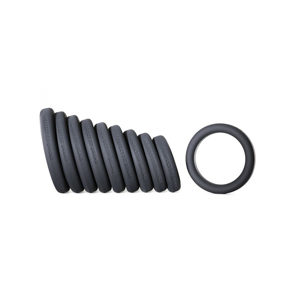 Perfect Fit Play Zone Kit Silicone Cock Rings Black set of silicone cock rings in various sizes.