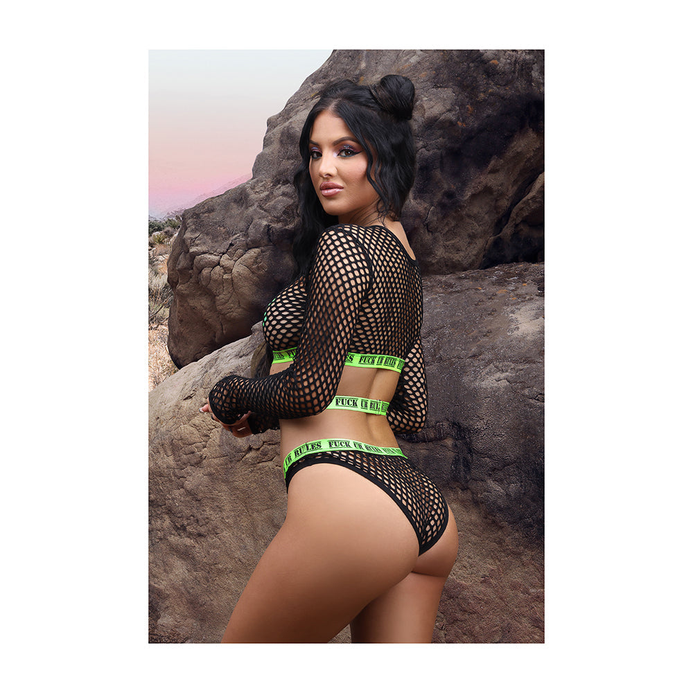 Fantasy Lingerie Vibes Fuck Ur Rules UV Reactive Longsleeve Fishnet Top, Panty, Pasties Black S/M