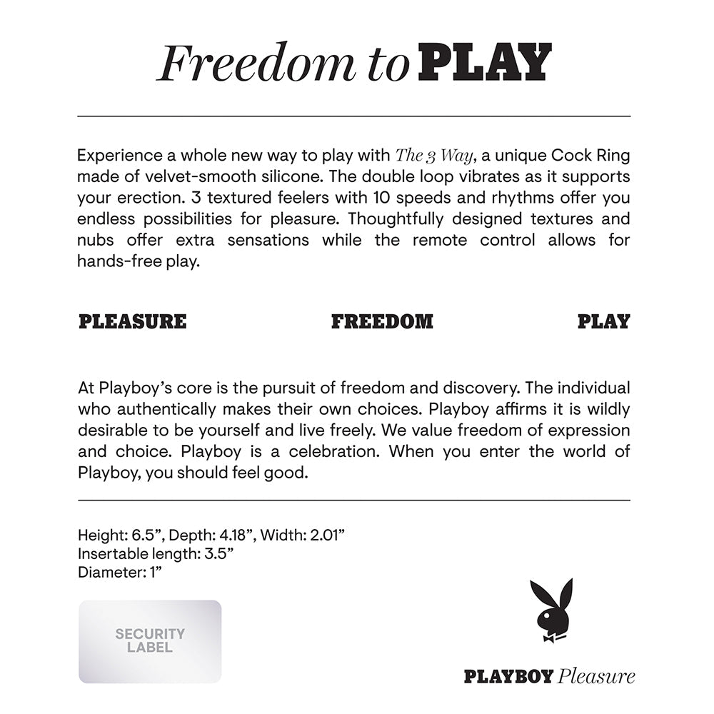 Playboy The 3 Way Rechargeable Remote Controlled Vibrating Silicone Cockring with Stimulator Black