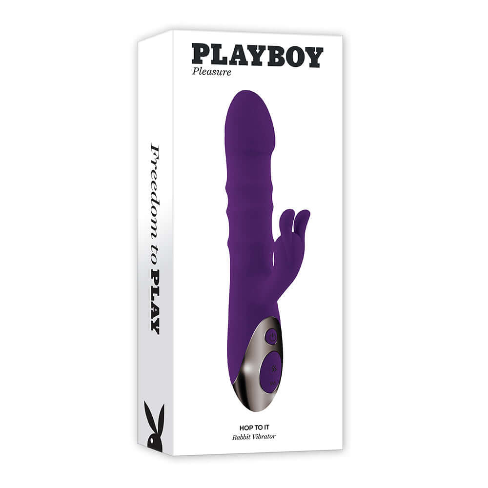 Playboy Hop To It Thrusting Dual Stimulation Vibrator Acai in sleek packaging, designed for ultimate pleasure.