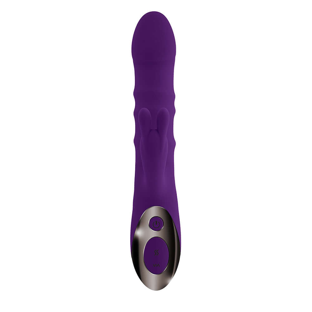 Playboy Hop To It Thrusting Dual Stimulation Vibrator Acai in purple with a sleek design and control buttons.