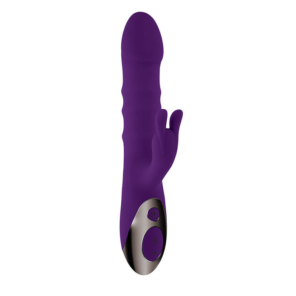 Playboy Hop To It Thrusting Dual Stimulation Vibrator Acai in vibrant purple color with dual stimulation features.