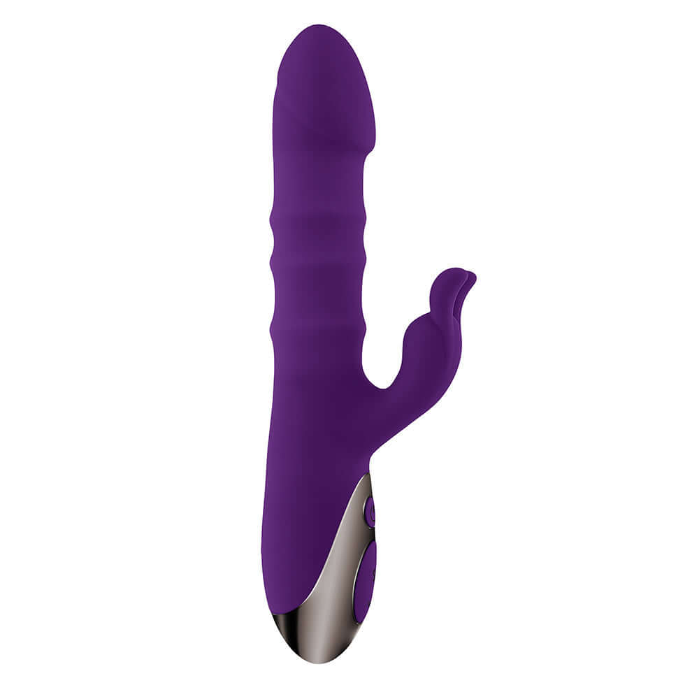 Playboy Hop To It Thrusting Dual Stimulation Vibrator Acai in purple, featuring dual stimulation and thrusting motion.