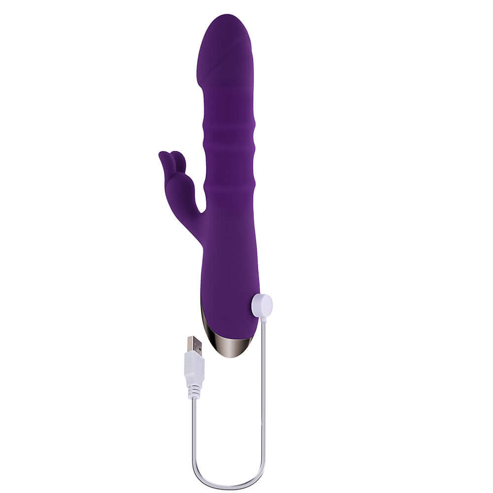 Playboy Hop To It Thrusting Dual Stimulation Vibrator Acai in elegant purple silicone design with USB charging.