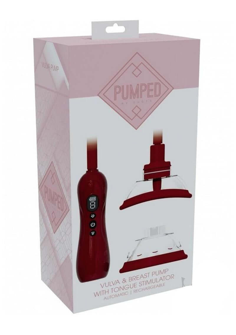 Pumped Automatic Vulva & Breast Pump with Rotating Vibrating Tongue packaging featuring automatic operation and tongue stimulator.