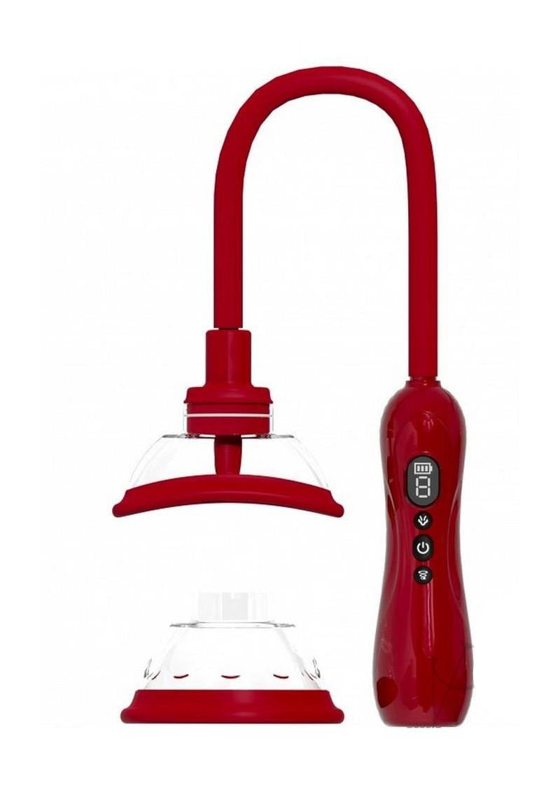 Pumped Automatic Vulva & Breast Pump with Rotating Vibrating Tongue in red design with flexible hose and two cup sizes.