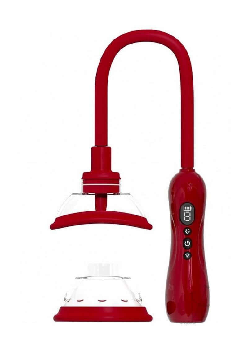 Pumped Automatic Vulva & Breast Pump with Rotating Vibrating Tongue in red design with flexible hose and two cup sizes.