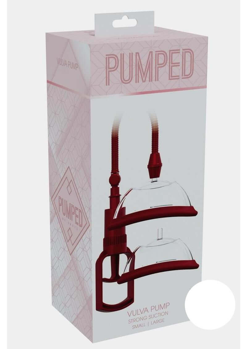Pumped Manual Vagina Pump Red packaging featuring a vulva pump with strong suction features.