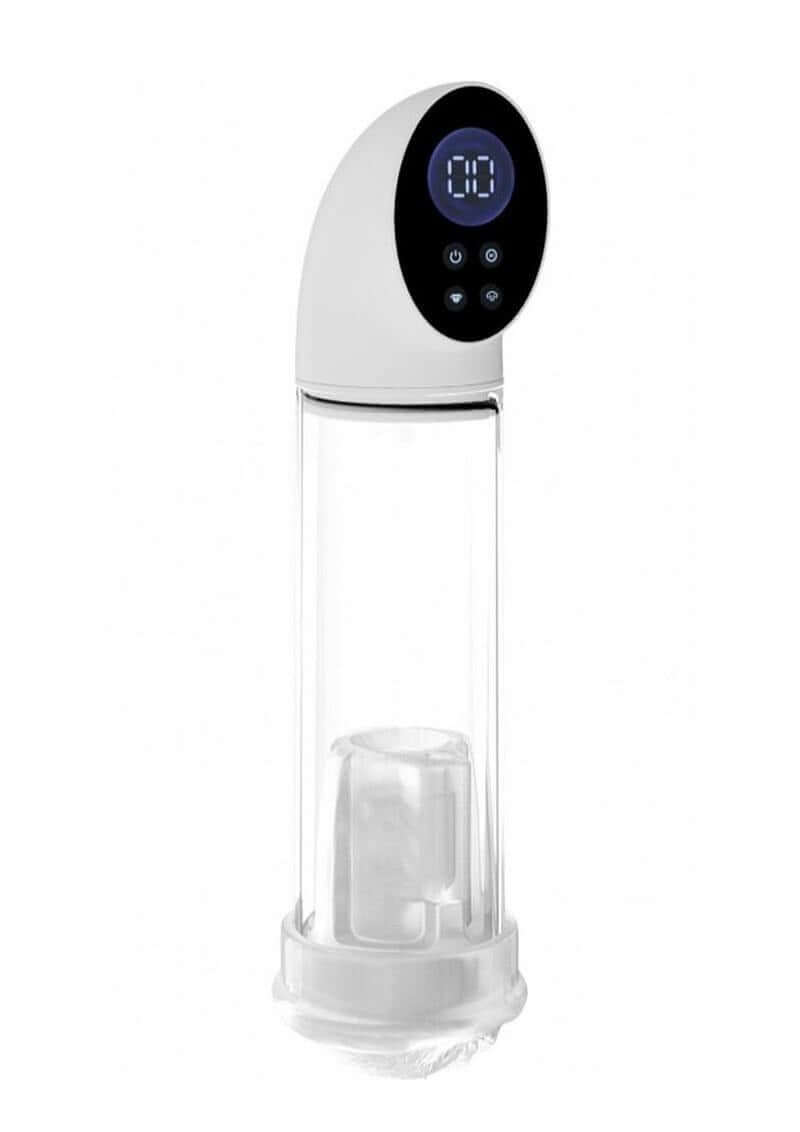 Pumped Hyperscope Automatic Vibrating Male Pump with Vagina Sleeve, featuring digital display and transparent design.