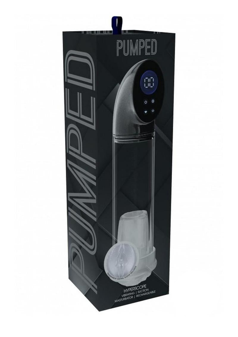 Pumped Hyperscope Automatic Male Pump with Vagina Sleeve Gun Metal packaging, featuring a transparent design and digital interface.