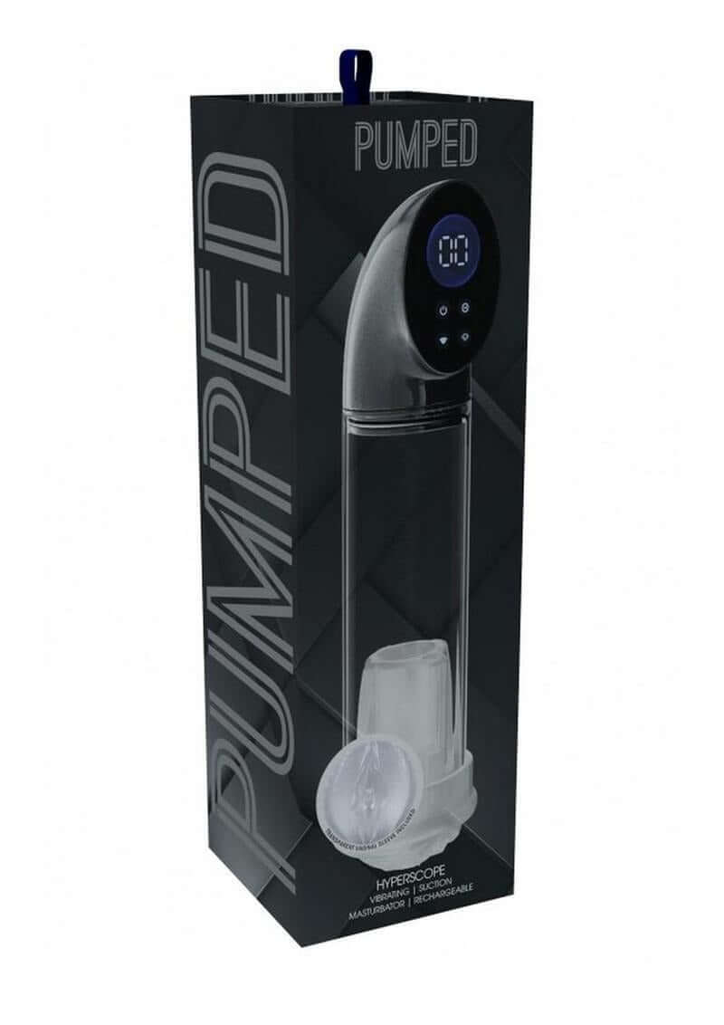 Pumped Hyperscope Automatic Male Pump with Vagina Sleeve Gun Metal packaging, featuring a transparent design and digital interface.