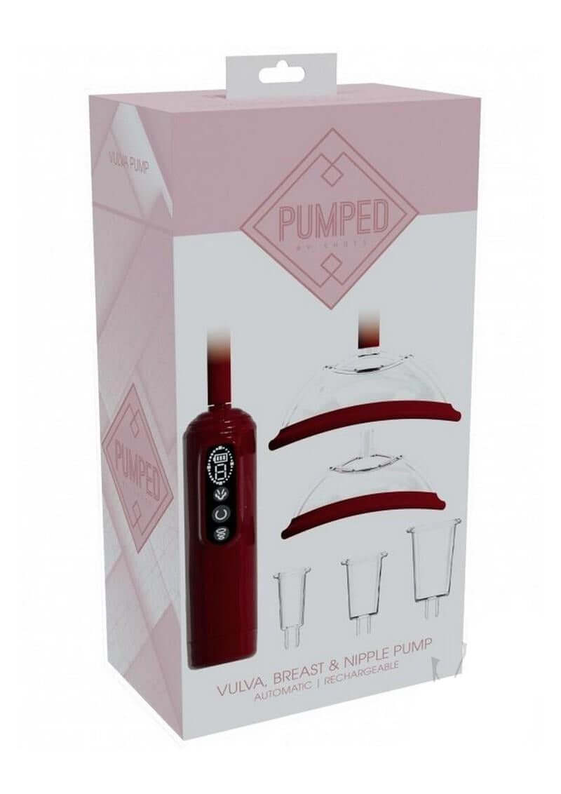 Pumped Automatic Rechargeable Vagina Breast & Nipple Pump packaging with included cups and controls.