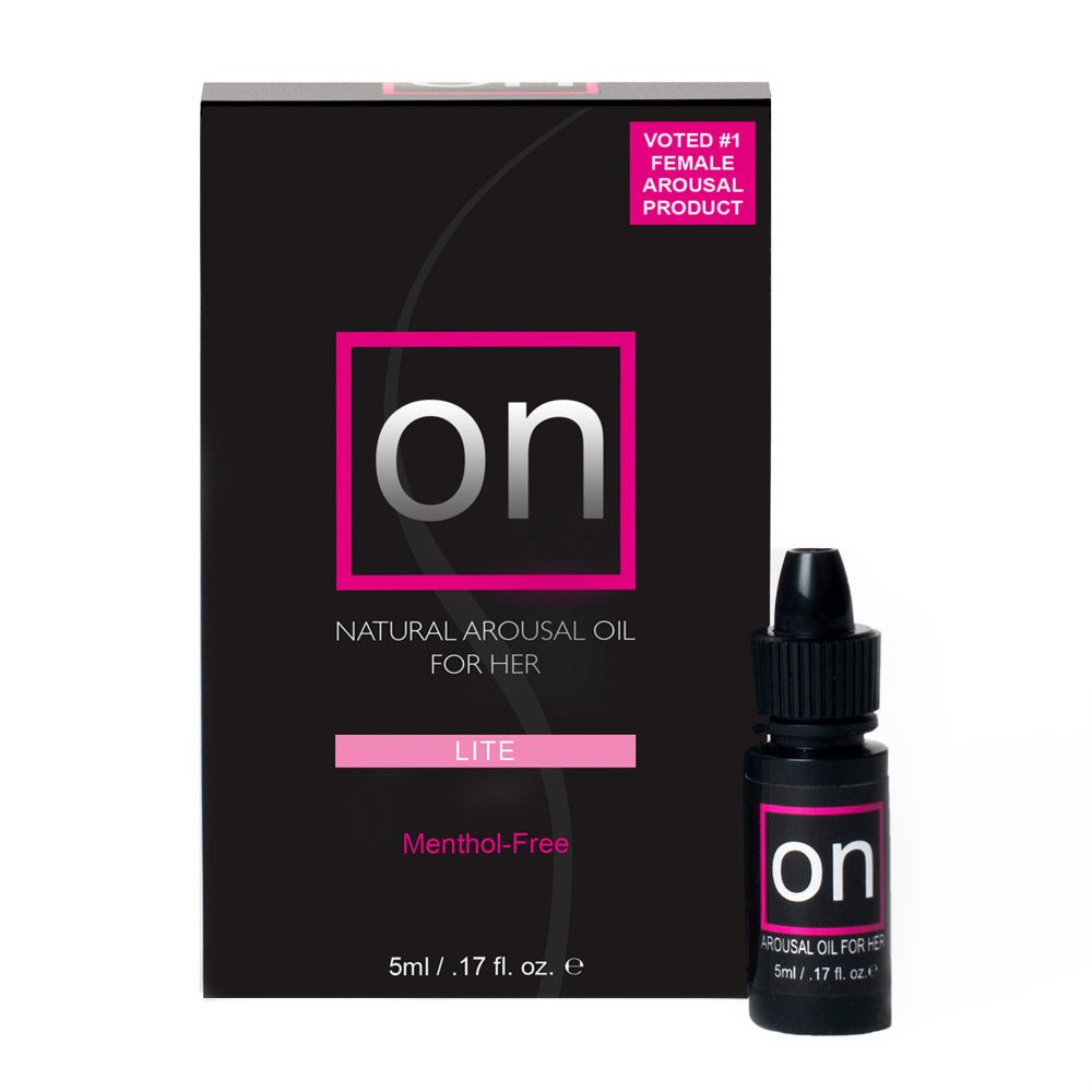On Natural Arousal Oil For Her Lite 0.17 oz bottle and box on a white background.