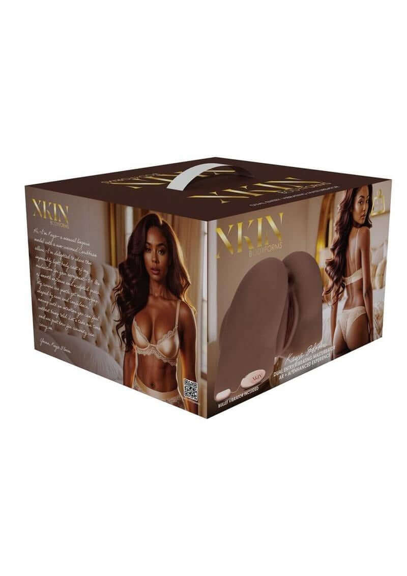 Packaging for Xkin Kaya Bloom Dual Entry Pussy & Ass Masturbator Tan showcasing design and features.