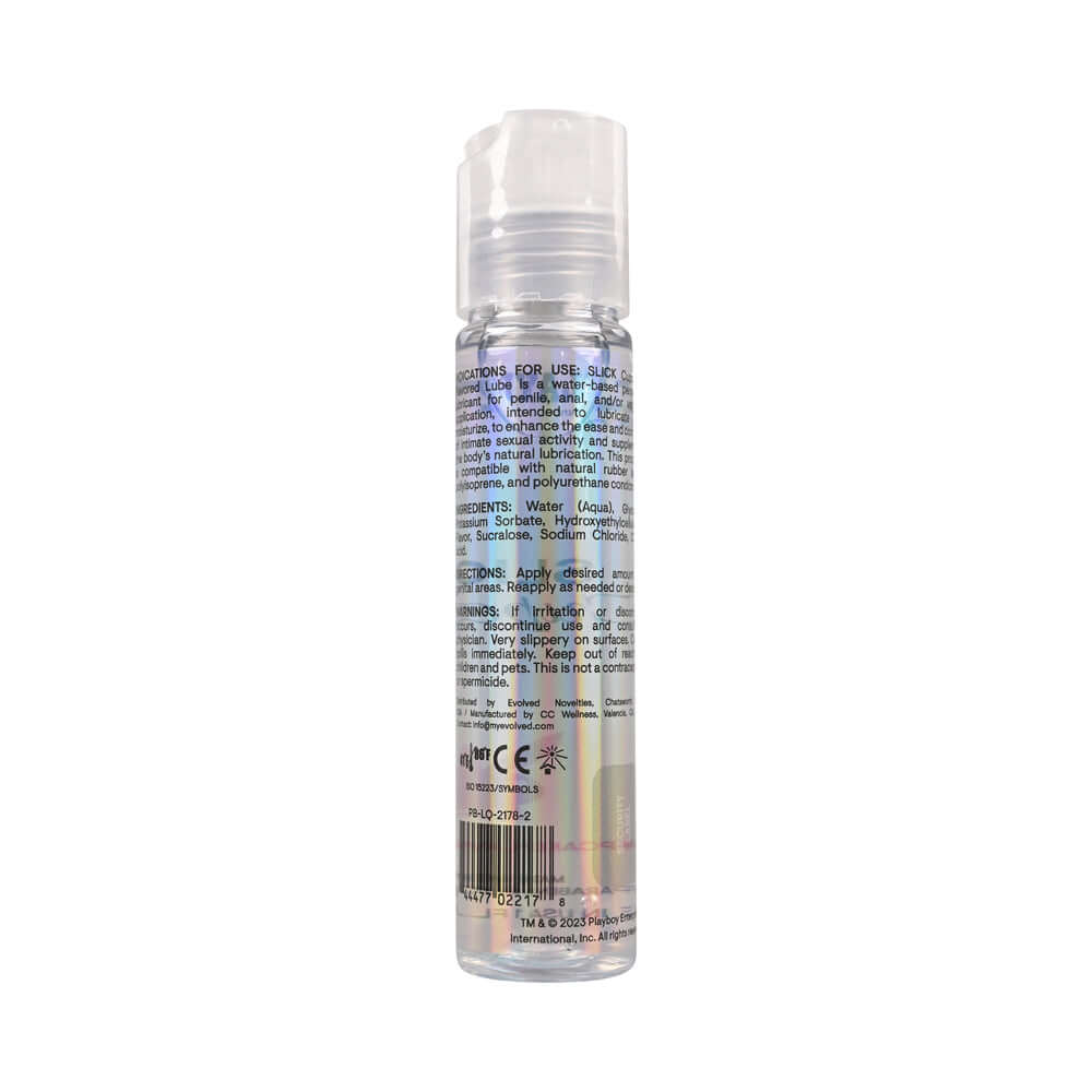Playboy Slick Flavored Water-Based Lubricant Cupcake 1 Oz bottle back view details and ingredients list.