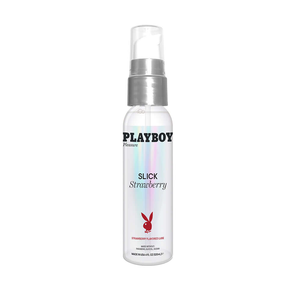 Playboy Slick Flavored Water-Based Lubricant Strawberry 4 Oz bottle with a pump dispenser.