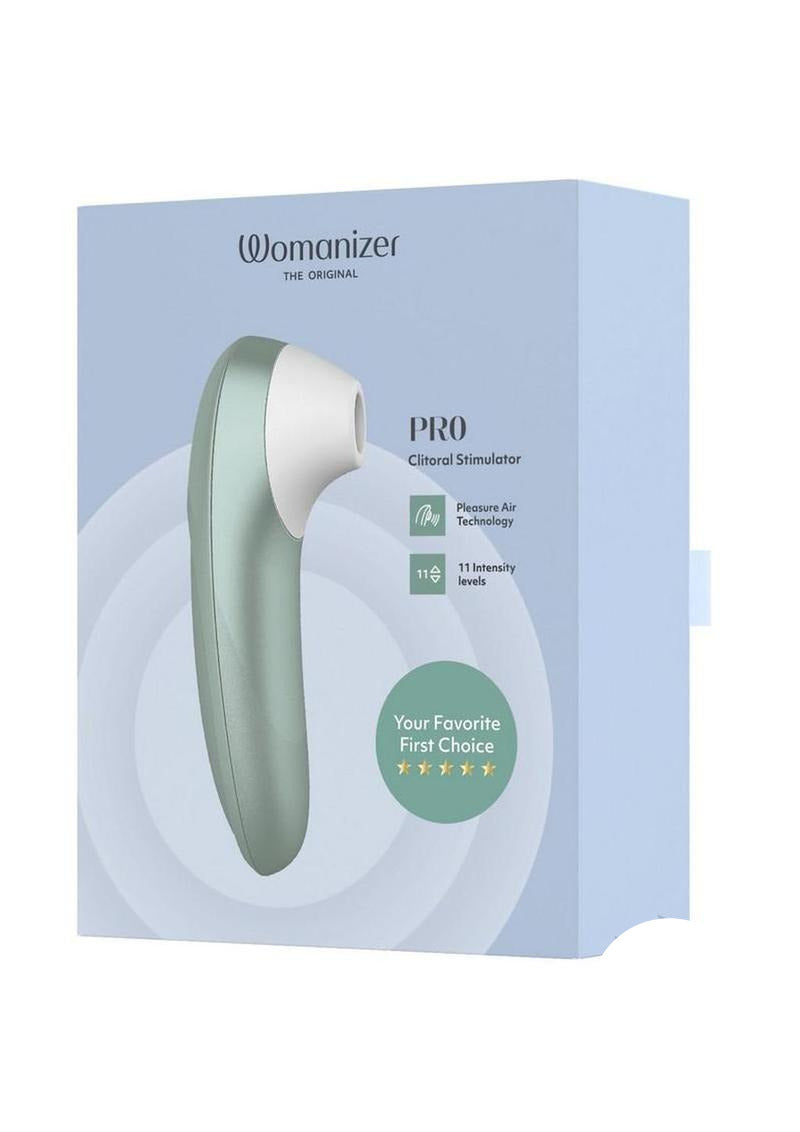 Womanizer Pleasure Pro Air Pulse Clitoral Vibrator Sage Green packaging showcasing its sleek design and features.