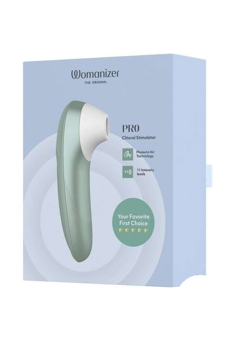 Womanizer Pleasure Pro Air Pulse Clitoral Vibrator Sage Green packaging showcasing its sleek design and features.