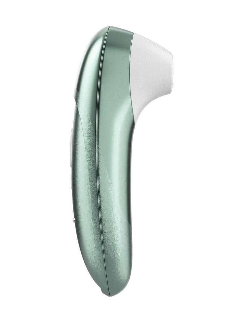 Womanizer Pleasure Pro Air Pulse Clitoral Vibrator Sage Green side view showing sleek design and air pulse technology.