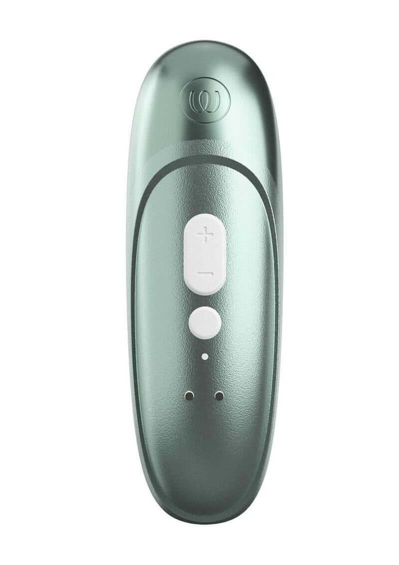 Womanizer Pleasure Pro Air Pulse Clitoral Vibrator Sage Green top view with buttons and sleek design.