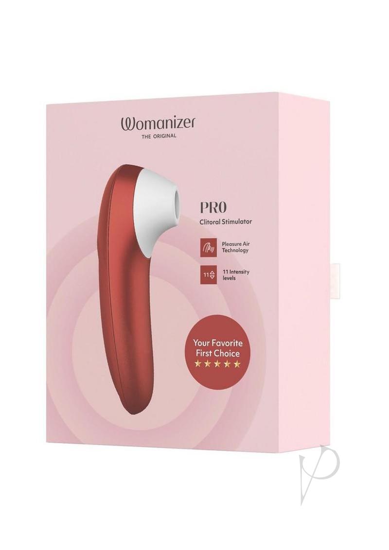 Womanizer Pleasure Air Pro Clitoral Vibrator Bordeaux Red packaging, designed for intense pleasure with 11 intensity levels.