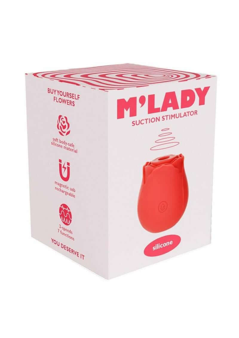 M Lady Rose Rechargeable Clitoral Suction Stimulator Red packaging featuring flower design and product details.