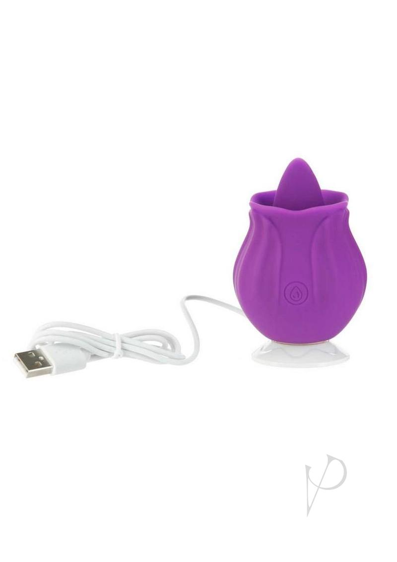 M'Lady Flickering Tongue Clitoral Stimulator Purple with USB charging cable in a rose-shaped design.