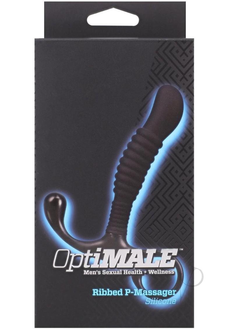 OptiMALE Ribbed Silicone Prostate Massager Black packaging showcasing design and features for prostate wellness.