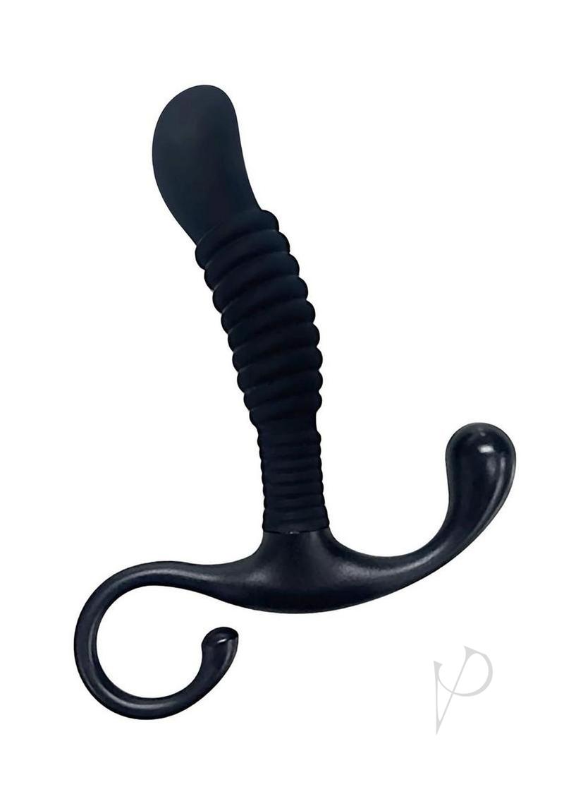 OptiMALE Ribbed Silicone Prostate Massager Black designed for prostate wellness and pleasure with a ribbed texture.