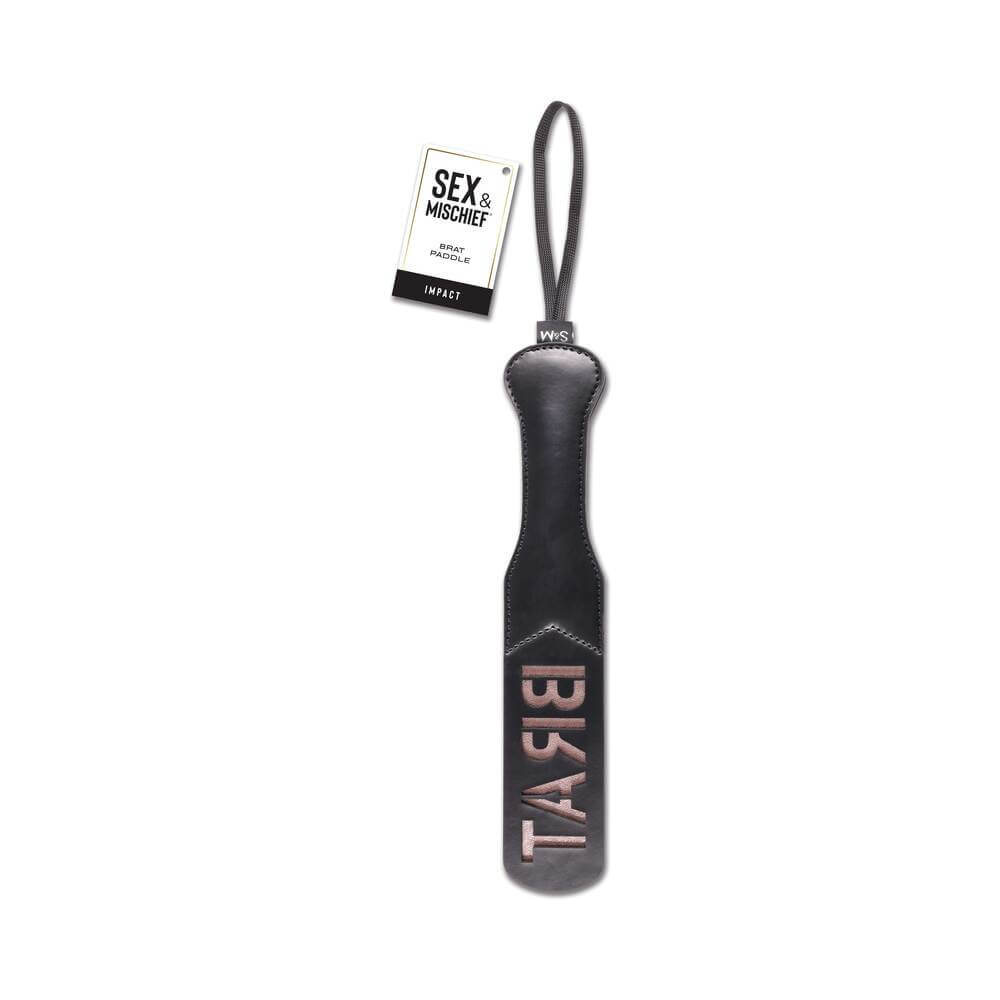 Sportsheets Sex & Mischief Brat Paddle with embossed 'BRAT' design and hanging loop for impact play.