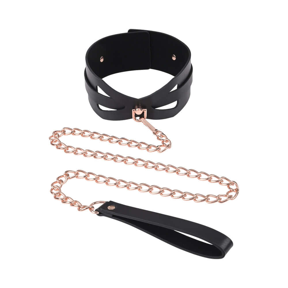 Sportsheets Sex & Mischief Brat Collar & Leash with elegant corset cutouts and rose gold chain.