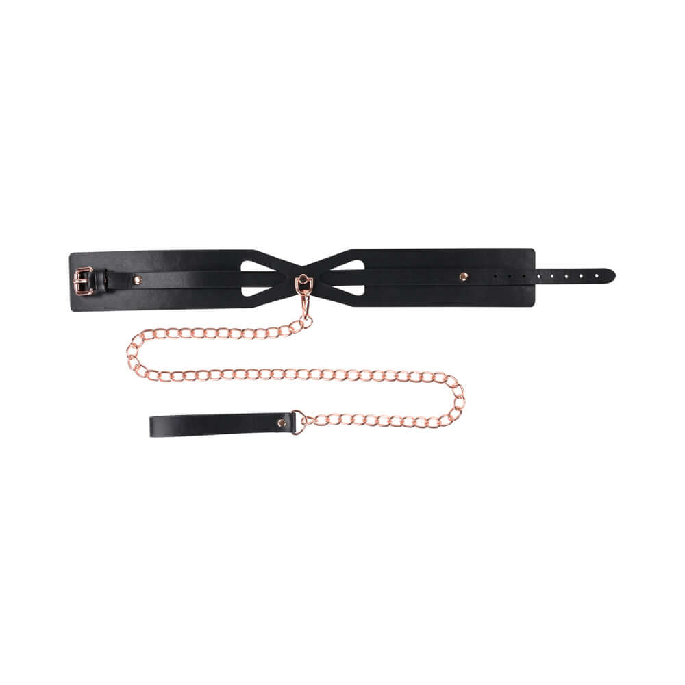 Sportsheets Sex & Mischief Brat Collar & Leash featuring black faux leather and rose gold chain design.