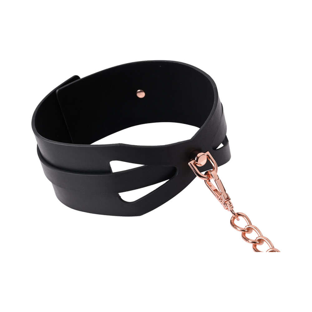 Sportsheets Sex & Mischief Brat Collar & Leash featuring corset-style cutouts and rose gold chain detail.