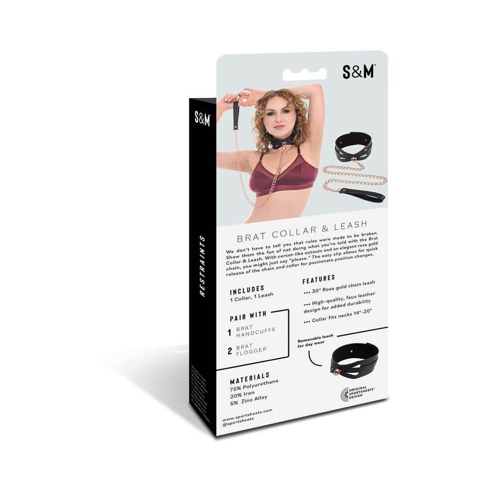 Sportsheets Sex & Mischief Brat Collar & Leash packaging featuring model and product details.