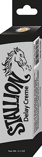 Stallion Delay Creme Desensitizing 0.5 Oz packaging design, features a horse logo and product details.